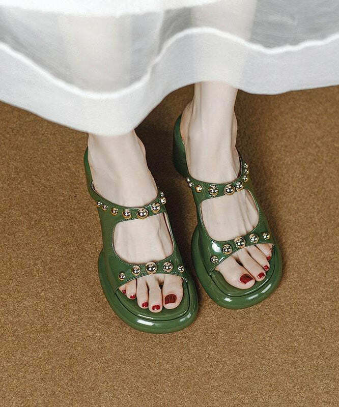 Y2K Grunge Green Faux Leather Rivet Peep Toe Chunky Slide Sandals - Retro 90s Fashion