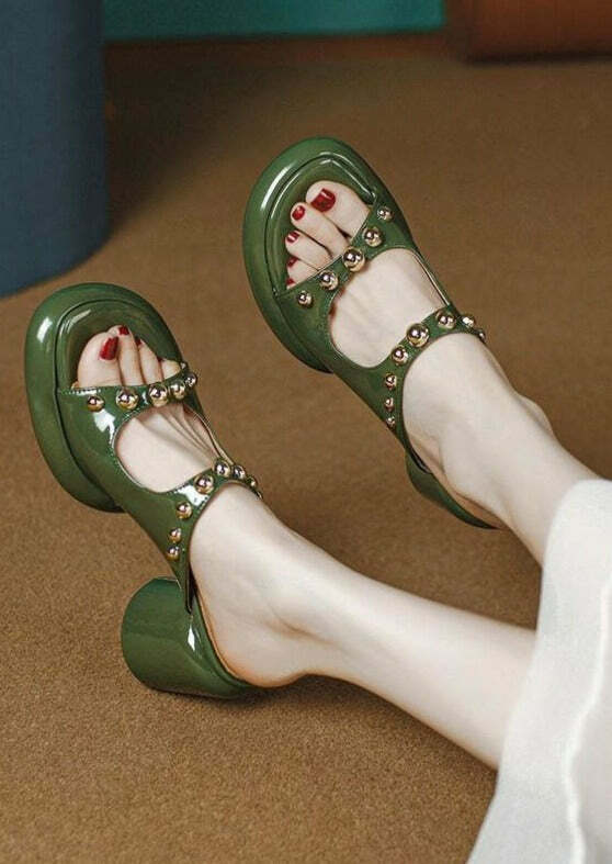 Y2K Grunge Green Faux Leather Rivet Peep Toe Chunky Slide Sandals - Retro 90s Fashion