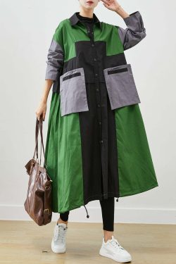 Y2K Grunge Green Oversized Patchwork Cotton Coat - Retro 90s Fashion, Summer & Fall Style