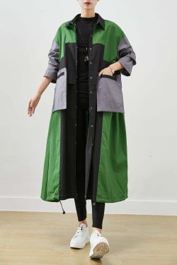 Y2K Grunge Green Oversized Patchwork Cotton Coat - Retro 90s Fashion, Summer & Fall Style
