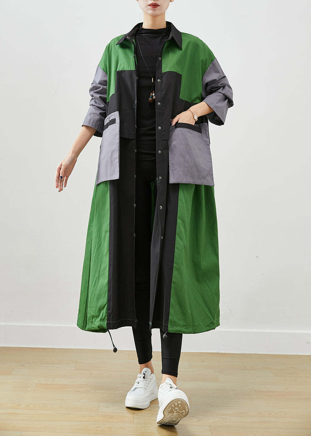 Y2K Grunge Green Oversized Patchwork Cotton Coat - Retro 90s Fashion, Summer & Fall Style