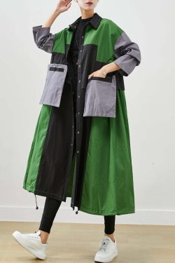 Y2K Grunge Green Oversized Patchwork Cotton Coat - Retro 90s Fashion, Summer & Fall Style