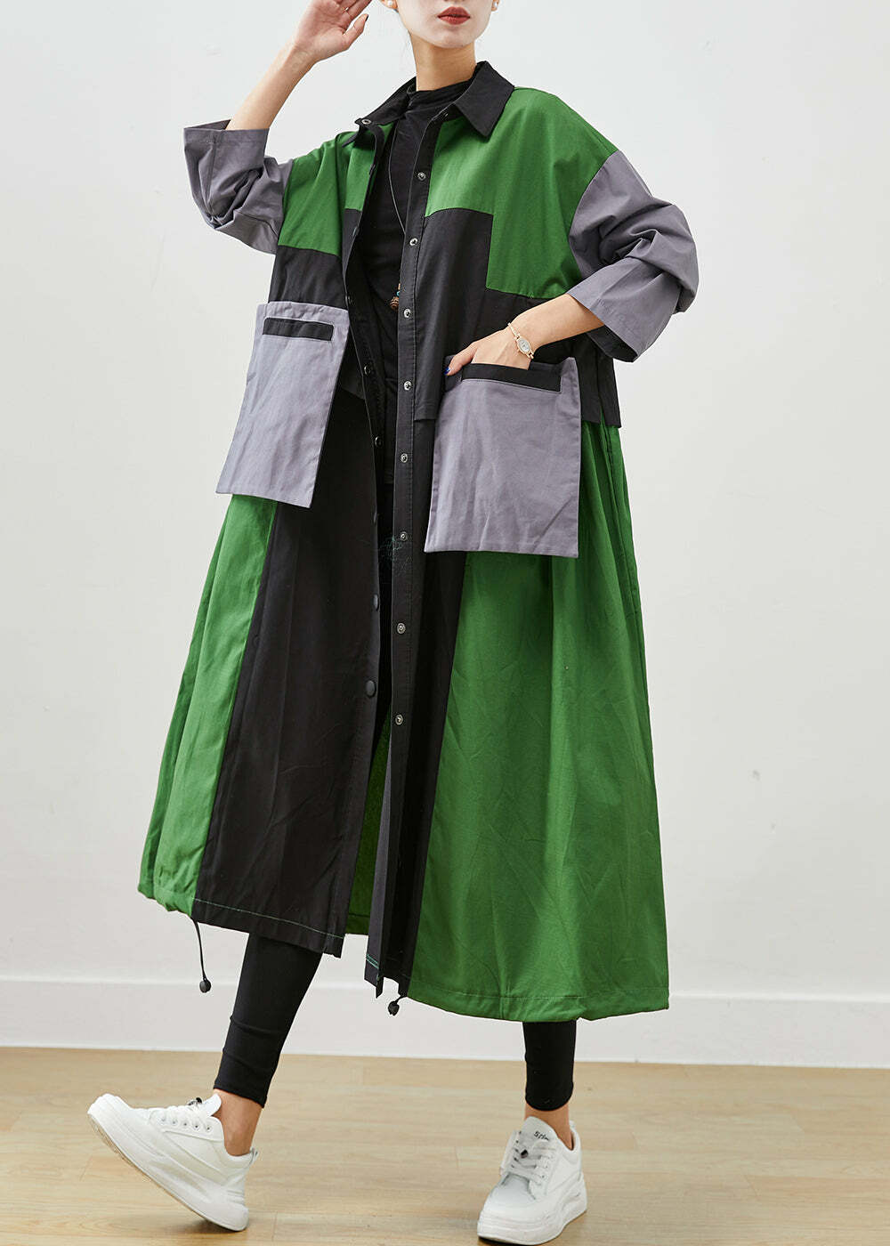 Y2K Grunge Green Oversized Patchwork Cotton Coat - Retro 90s Fashion, Summer & Fall Style