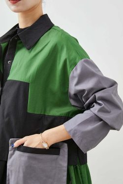 Y2K Grunge Green Oversized Patchwork Cotton Coat - Retro 90s Fashion, Summer & Fall Style