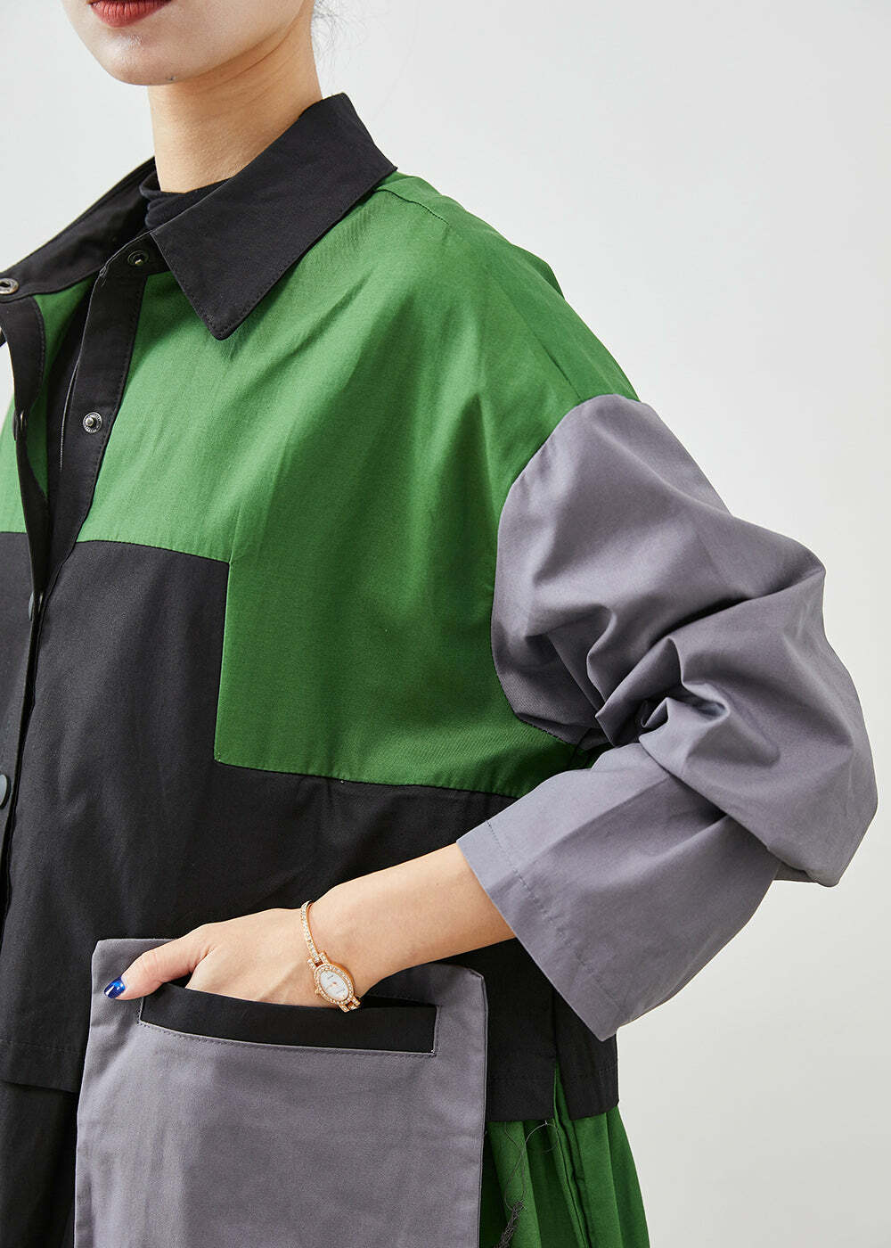 Y2K Grunge Green Oversized Patchwork Cotton Coat - Retro 90s Fashion, Summer & Fall Style