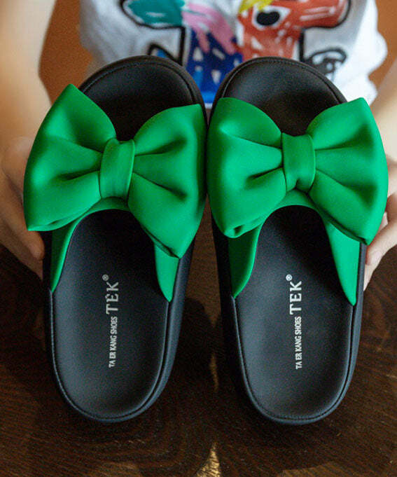 Y2K Grunge Green Platform Bow Slide Sandals - Retro 90s Summer Fashion, Comfy & Stylish