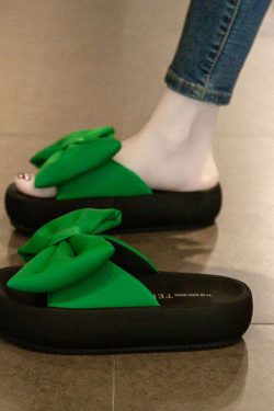Y2K Grunge Green Platform Bow Slide Sandals - Retro 90s Summer Fashion, Comfy & Stylish