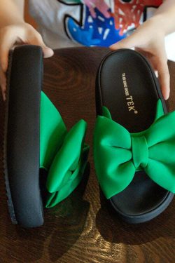 Y2K Grunge Green Platform Bow Slide Sandals - Retro 90s Summer Fashion, Comfy & Stylish
