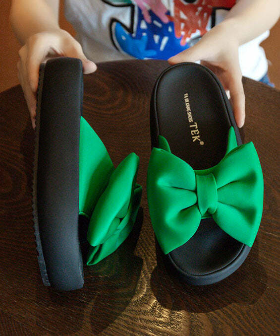 Y2K Grunge Green Platform Bow Slide Sandals - Retro 90s Summer Fashion, Comfy & Stylish