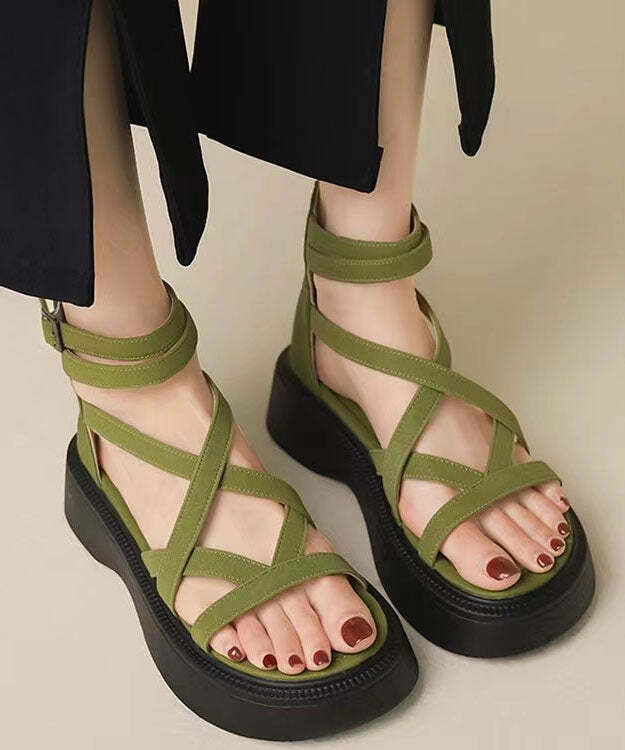 Y2K Grunge Green Platform Sandals - Faux Leather, Handmade, Cross Strap, Retro 90s Style
