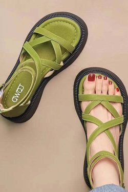 Y2K Grunge Green Platform Sandals - Faux Leather, Handmade, Cross Strap, Retro 90s Style