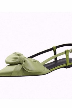 Y2K Grunge Green Satin Bow Pointed Toe Sandals - Retro 90s Fashion, Summer Y2K Outfits