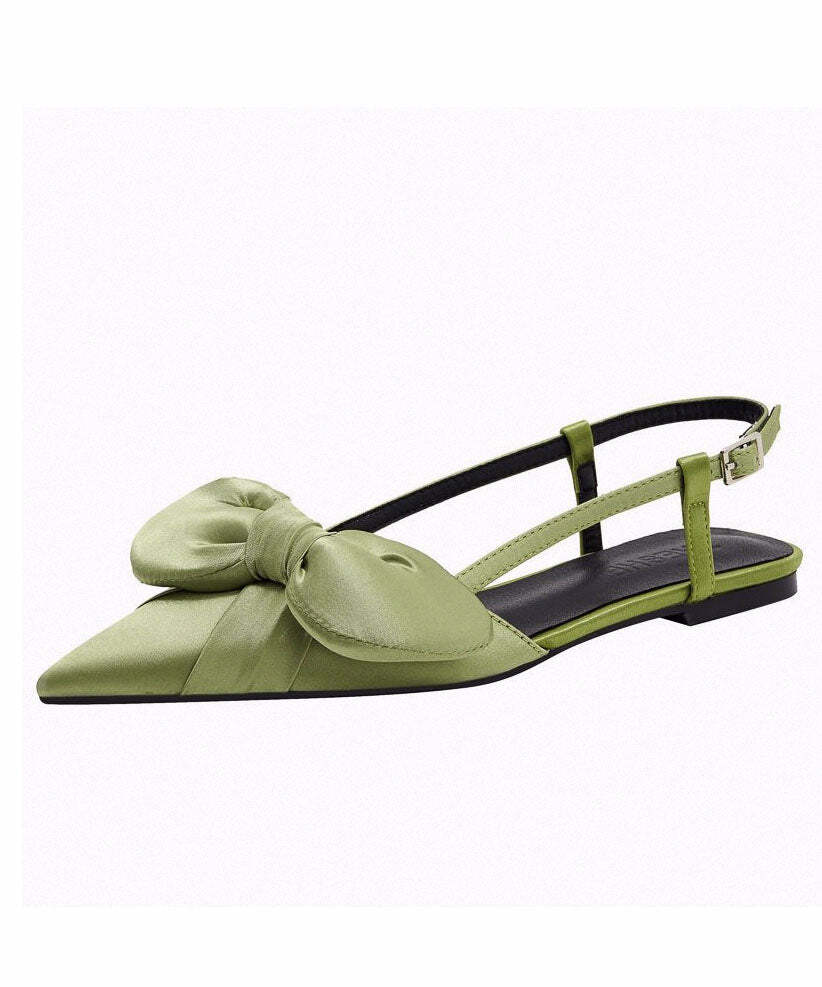Y2K Grunge Green Satin Bow Pointed Toe Sandals - Retro 90s Fashion, Summer Y2K Outfits