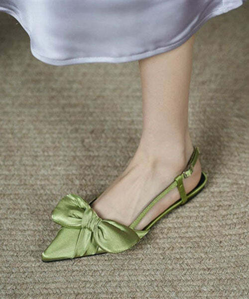 Y2K Grunge Green Satin Bow Pointed Toe Sandals - Retro 90s Fashion, Summer Y2K Outfits