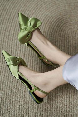 Y2K Grunge Green Satin Bow Pointed Toe Sandals - Retro 90s Fashion, Summer Y2K Outfits