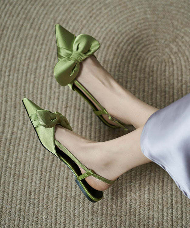 Y2K Grunge Green Satin Bow Pointed Toe Sandals - Retro 90s Fashion, Summer Y2K Outfits