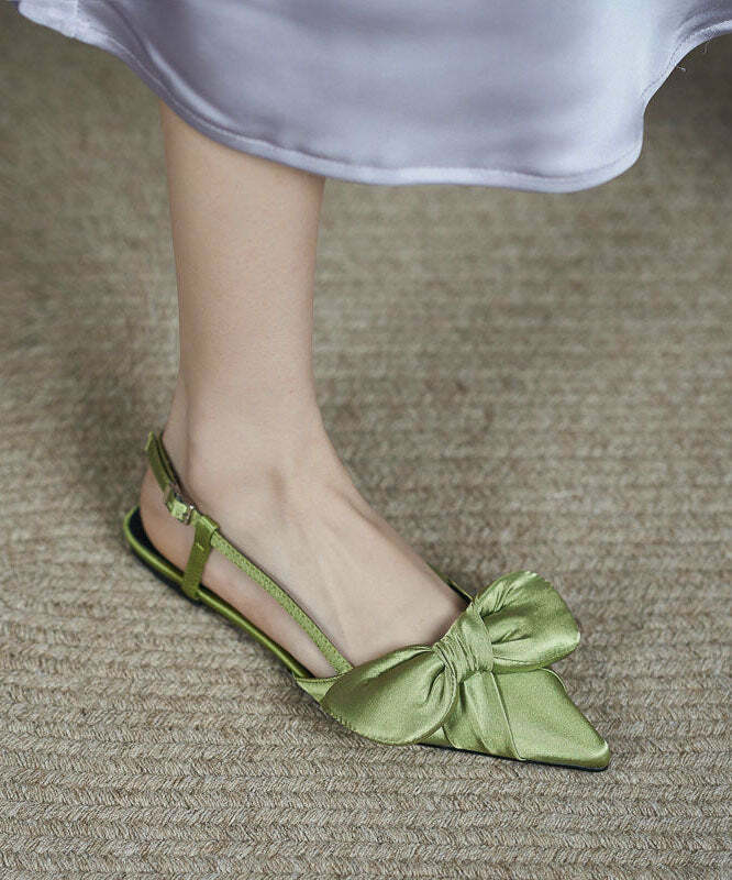 Y2K Grunge Green Satin Bow Pointed Toe Sandals - Retro 90s Fashion, Summer Y2K Outfits
