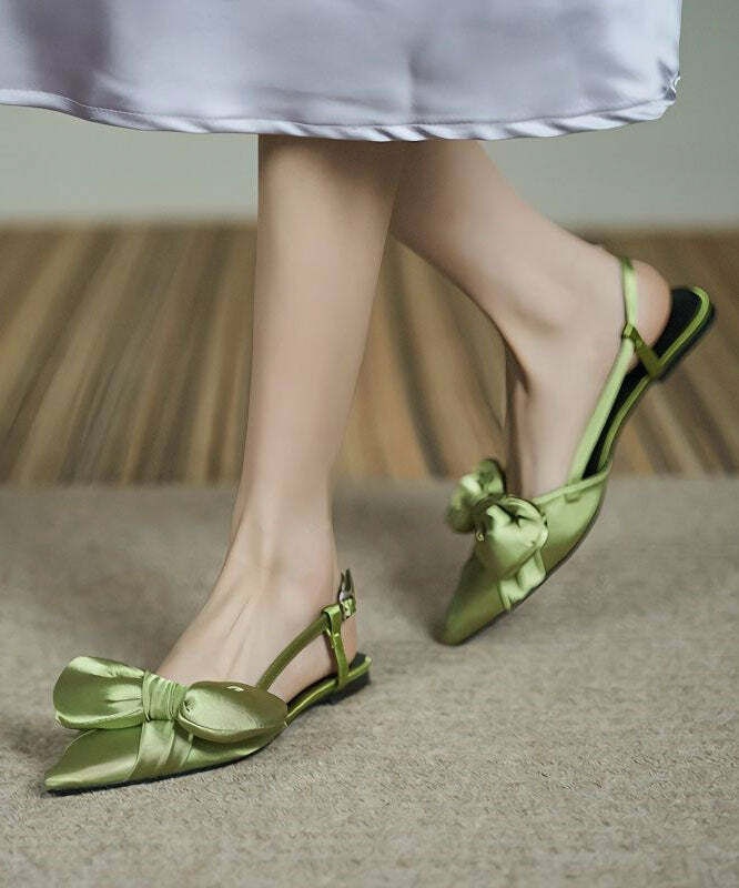 Y2K Grunge Green Satin Bow Pointed Toe Sandals - Retro 90s Fashion, Summer Y2K Outfits