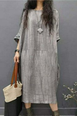 Y2K Grunge Grey O-Neck Linen Long Dress with Batwing Sleeves and Wrinkled Side Open