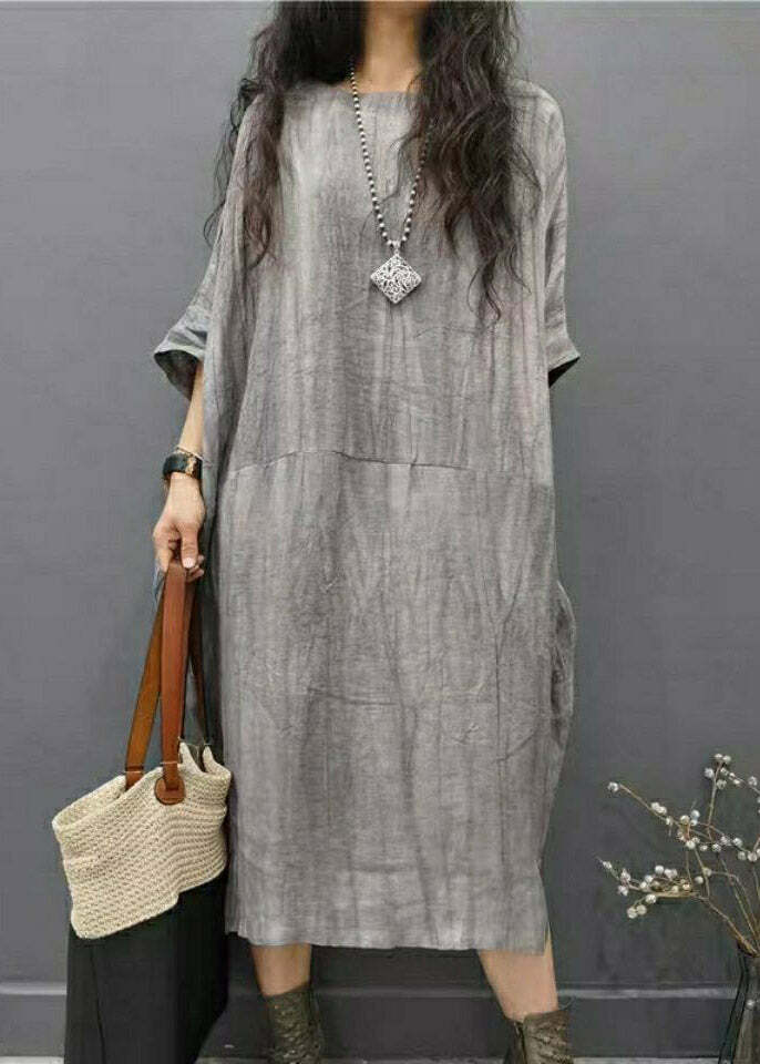 Y2K Grunge Grey O-Neck Linen Long Dress with Batwing Sleeves and Wrinkled Side Open