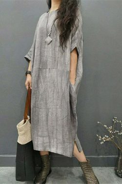 Y2K Grunge Grey O-Neck Linen Long Dress with Batwing Sleeves and Wrinkled Side Open