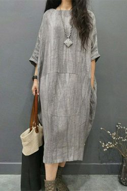 Y2K Grunge Grey O-Neck Linen Long Dress with Batwing Sleeves and Wrinkled Side Open