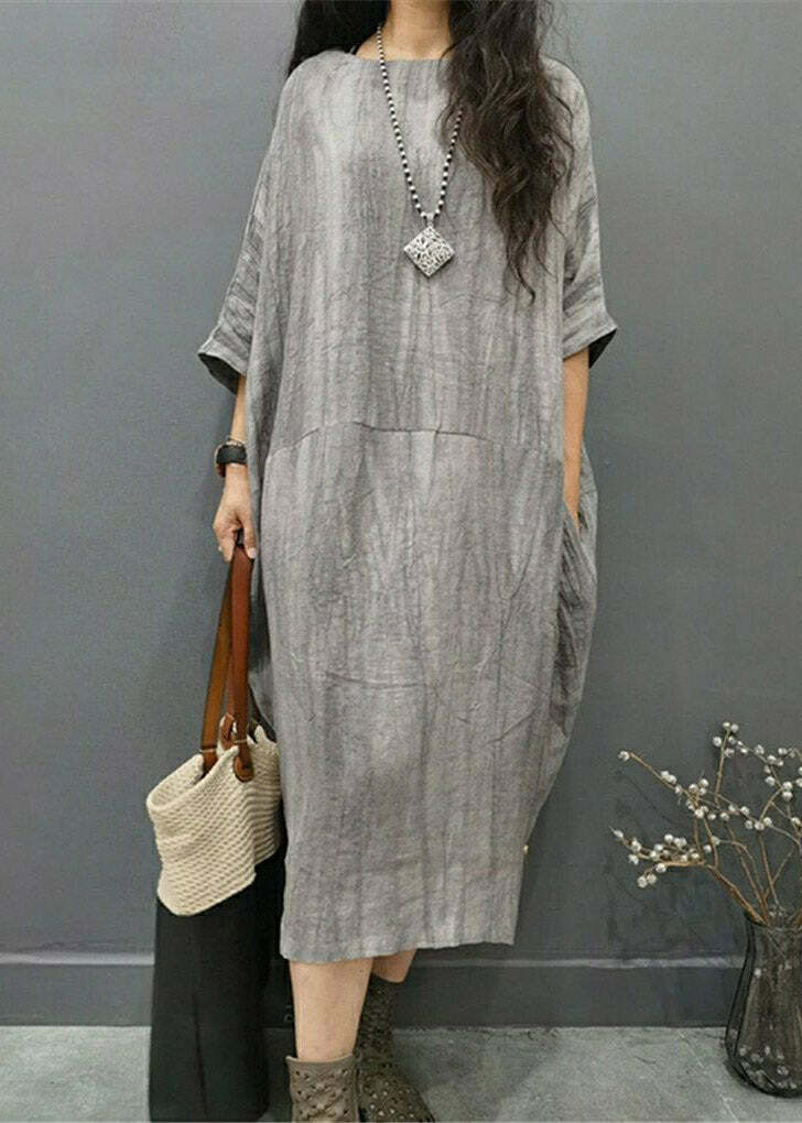 Y2K Grunge Grey O-Neck Linen Long Dress with Batwing Sleeves and Wrinkled Side Open