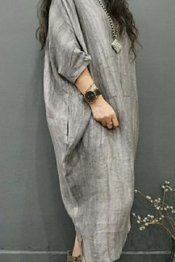 Y2K Grunge Grey O-Neck Linen Long Dress with Batwing Sleeves and Wrinkled Side Open