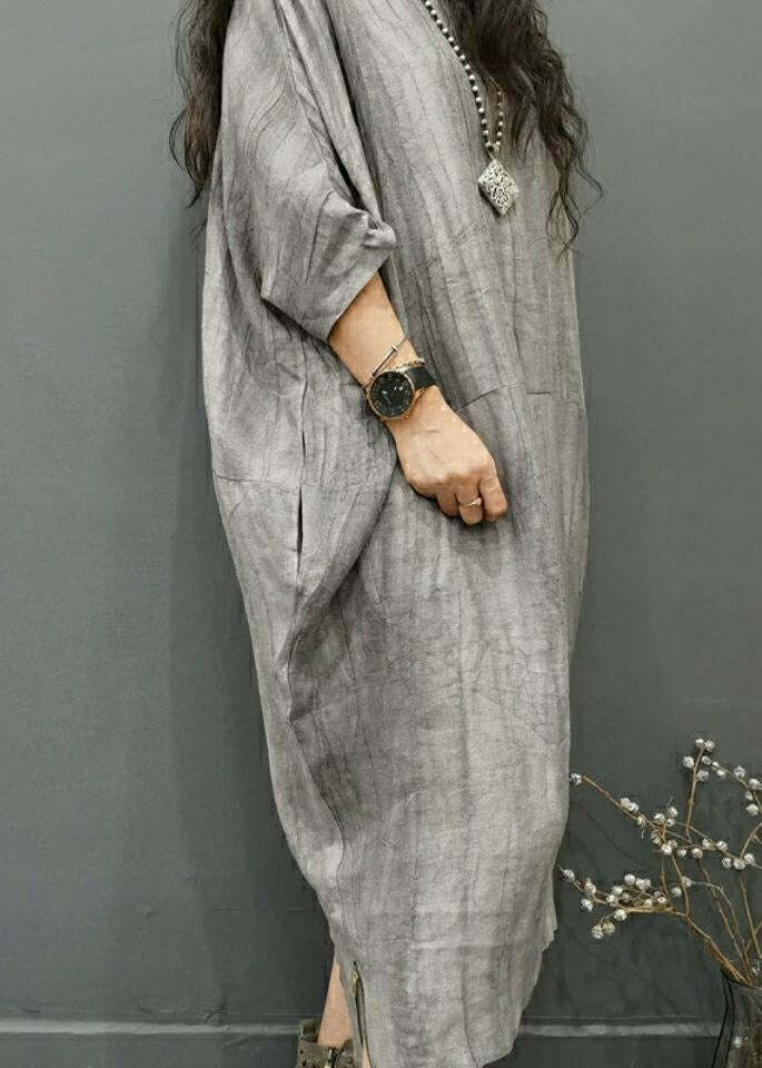 Y2K Grunge Grey O-Neck Linen Long Dress with Batwing Sleeves and Wrinkled Side Open