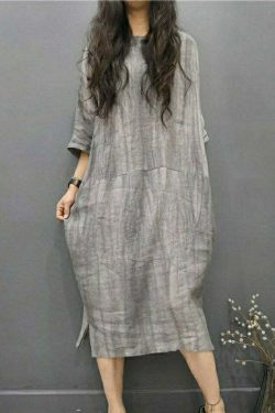 Y2K Grunge Grey O-Neck Linen Long Dress with Batwing Sleeves and Wrinkled Side Open