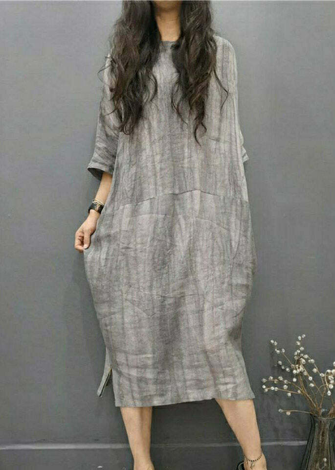 Y2K Grunge Grey O-Neck Linen Long Dress with Batwing Sleeves and Wrinkled Side Open