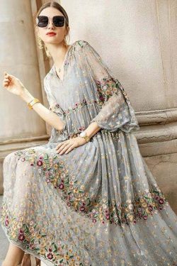 Y2K Grunge Grey V Neck Embroidered Tulle Dress Set - Retro 90s Summer Party Outfit