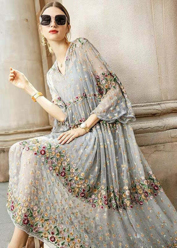 Y2K Grunge Grey V Neck Embroidered Tulle Dress Set - Retro 90s Summer Party Outfit