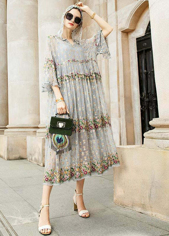Y2K Grunge Grey V Neck Embroidered Tulle Dress Set - Retro 90s Summer Party Outfit