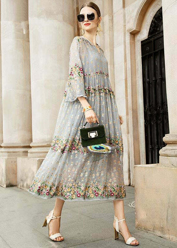Y2K Grunge Grey V Neck Embroidered Tulle Dress Set - Retro 90s Summer Party Outfit
