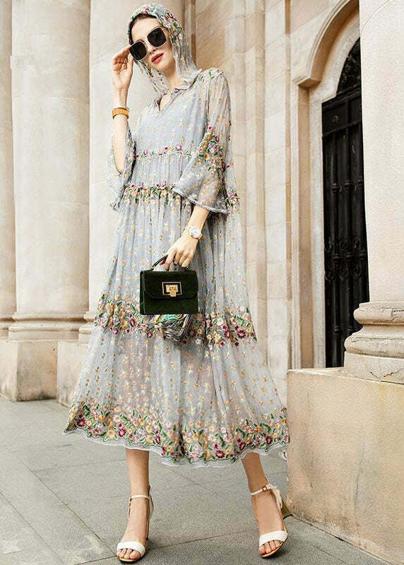 Y2K Grunge Grey V Neck Embroidered Tulle Dress Set - Retro 90s Summer Party Outfit