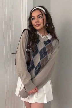 Y2K Grunge Grey V Neck Sweater - 90s Retro Style, Summer Y2K Outfits, Pastel Goth Fashion