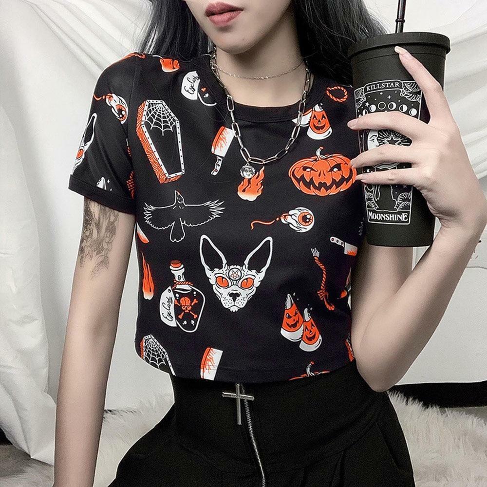 Y2K Grunge Halloween Print Shirt - Retro 90s Fashion, Summer Outfits, and Party Looks