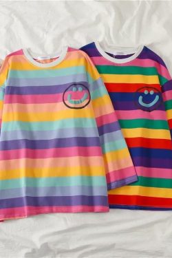 Y2K Grunge Happy-Face Striped Sleeve Shirt - Retro 90s Summer Outfit, Pastel Goth Style