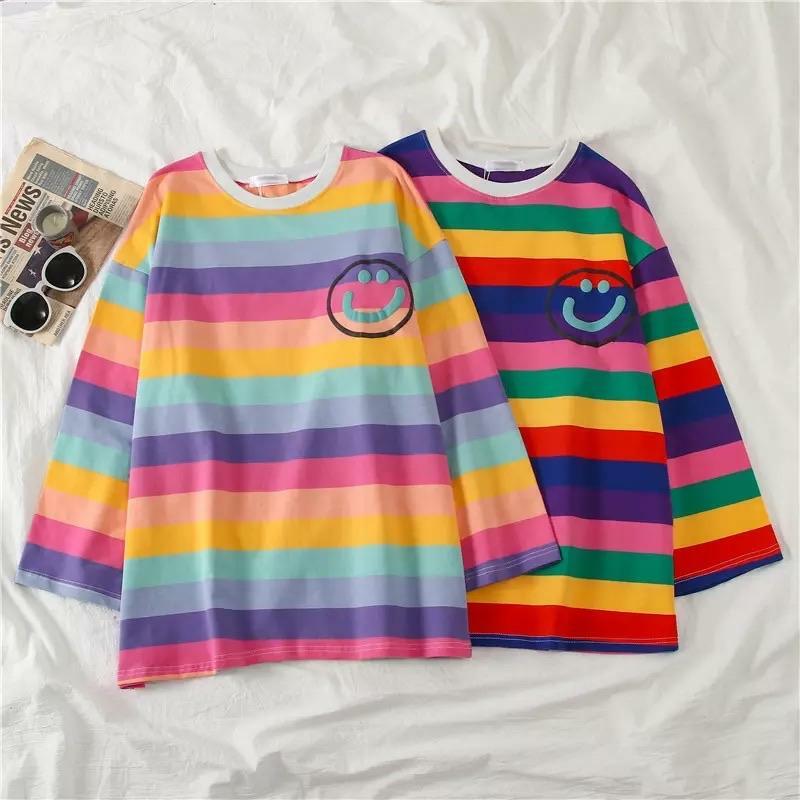 Y2K Grunge Happy-Face Striped Sleeve Shirt - Retro 90s Summer Outfit, Pastel Goth Style