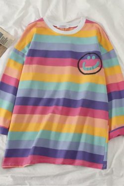 Y2K Grunge Happy-Face Striped Sleeve Shirt - Retro 90s Summer Outfit, Pastel Goth Style