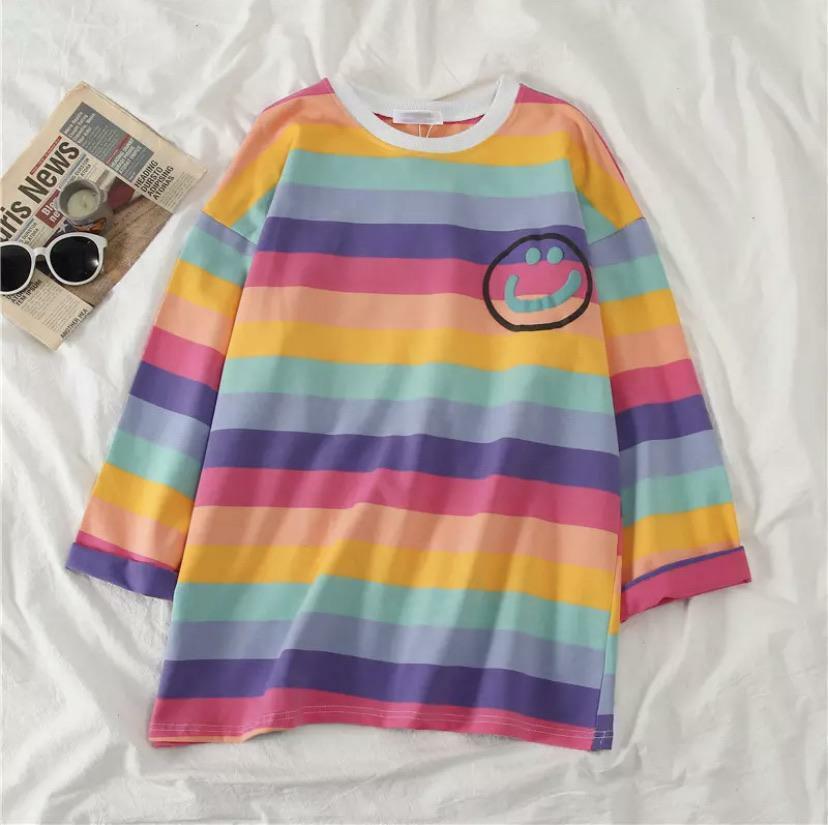 Y2K Grunge Happy-Face Striped Sleeve Shirt - Retro 90s Summer Outfit, Pastel Goth Style
