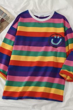 Y2K Grunge Happy-Face Striped Sleeve Shirt - Retro 90s Summer Outfit, Pastel Goth Style
