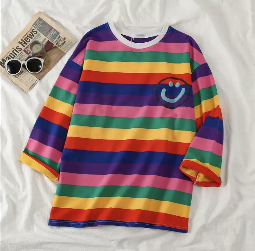 Y2K Grunge Happy-Face Striped Sleeve Shirt - Retro 90s Summer Outfit, Pastel Goth Style