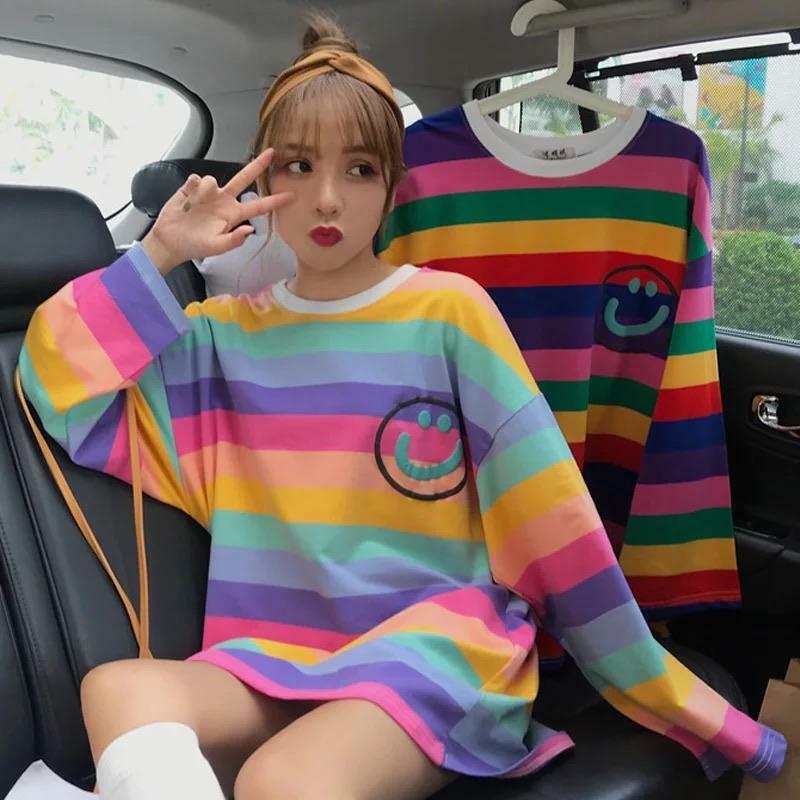 Y2K Grunge Happy-Face Striped Sleeve Shirt - Retro 90s Summer Outfit, Pastel Goth Style