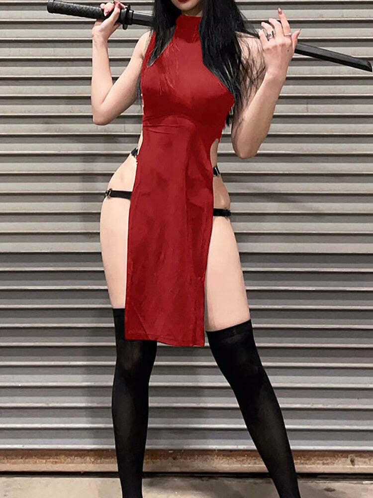 Y2K Grunge High Split Side Sleeveless Dress - 90s Fashion, Retro Summer Outfit, Gothic Y2K Style