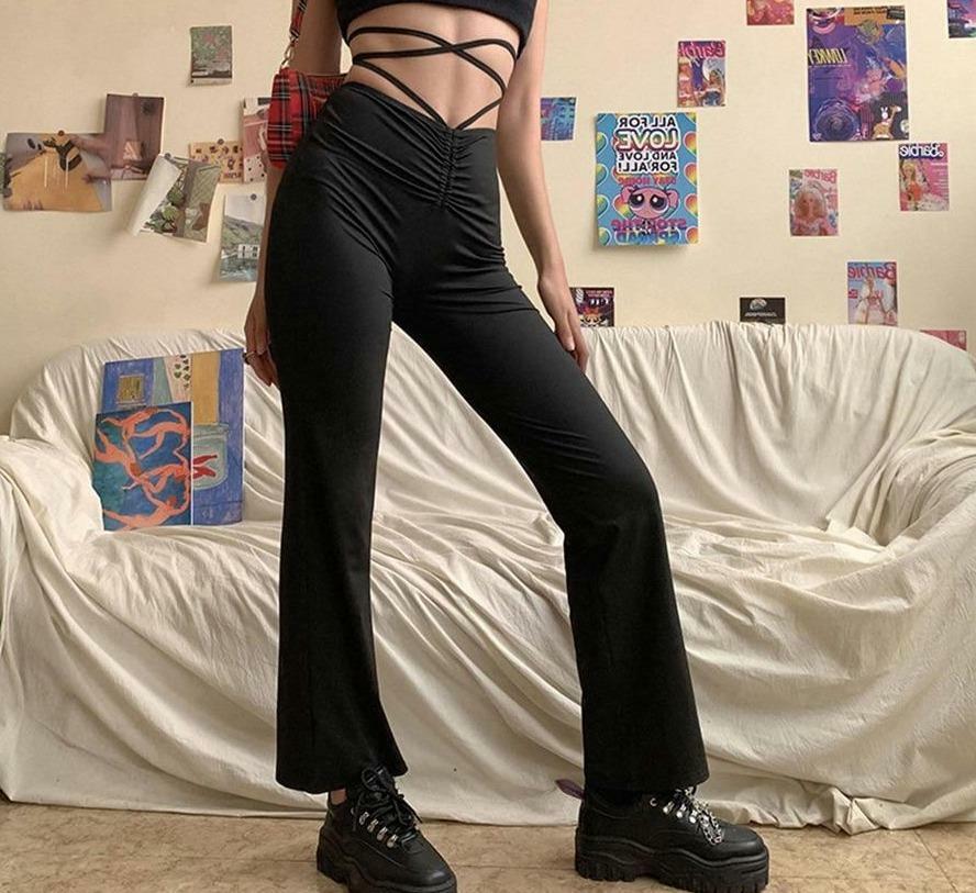 Y2K Grunge High Waist Bandage Pants - 90s Retro Summer Outfit, Gothic Y2K Fashion