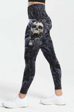 Y2K Grunge High Waist Leggings - Enigmatic Skull & Hands, 90s Retro, Gothic Y2K Fashion