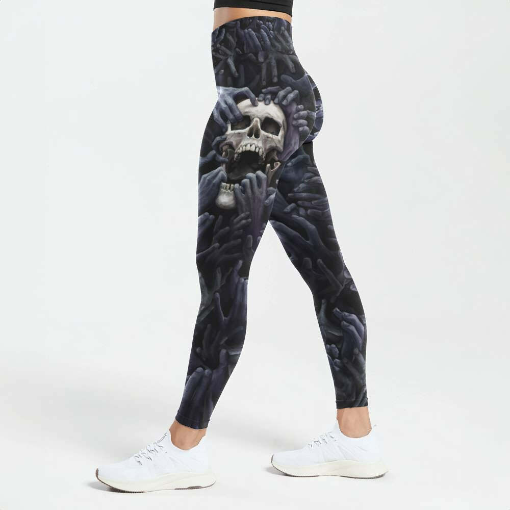 Y2K Grunge High Waist Leggings - Enigmatic Skull & Hands, 90s Retro, Gothic Y2K Fashion