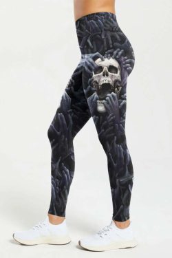 Y2K Grunge High Waist Leggings - Enigmatic Skull & Hands, 90s Retro, Gothic Y2K Fashion